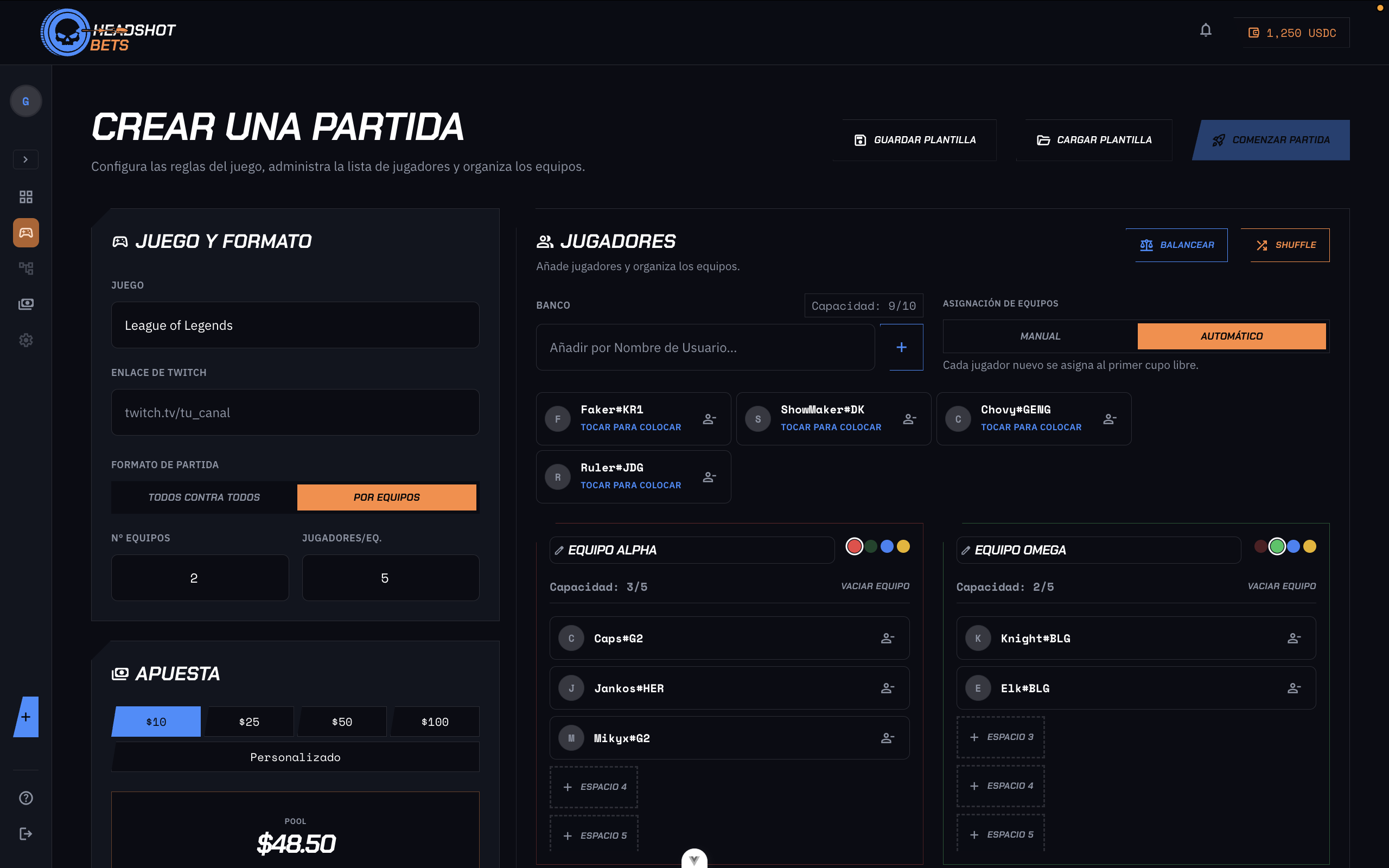 Creación de partida en Headshot Bets