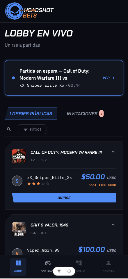 Vista móvil del lobby de Headshot Bets
