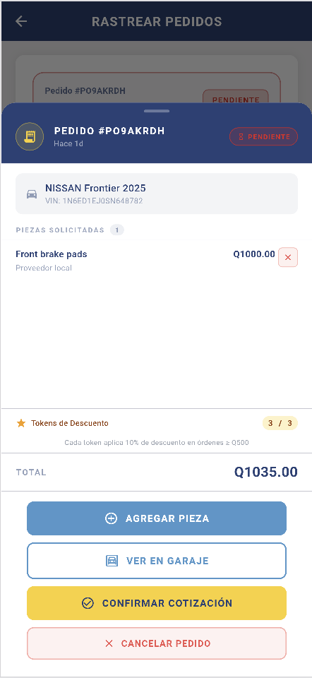 Vista móvil de detalle de pedido en TadeoTEC
