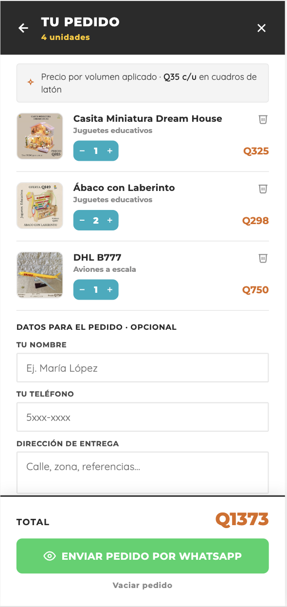 Vista móvil del carrito de pedido en XEPI